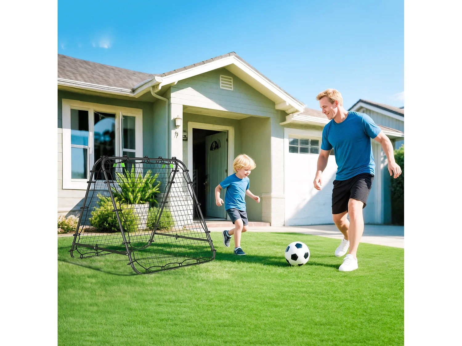 Filet de rebond double face pliable réglable 91 x 91 cm - rebondisseur football - acier PE noir