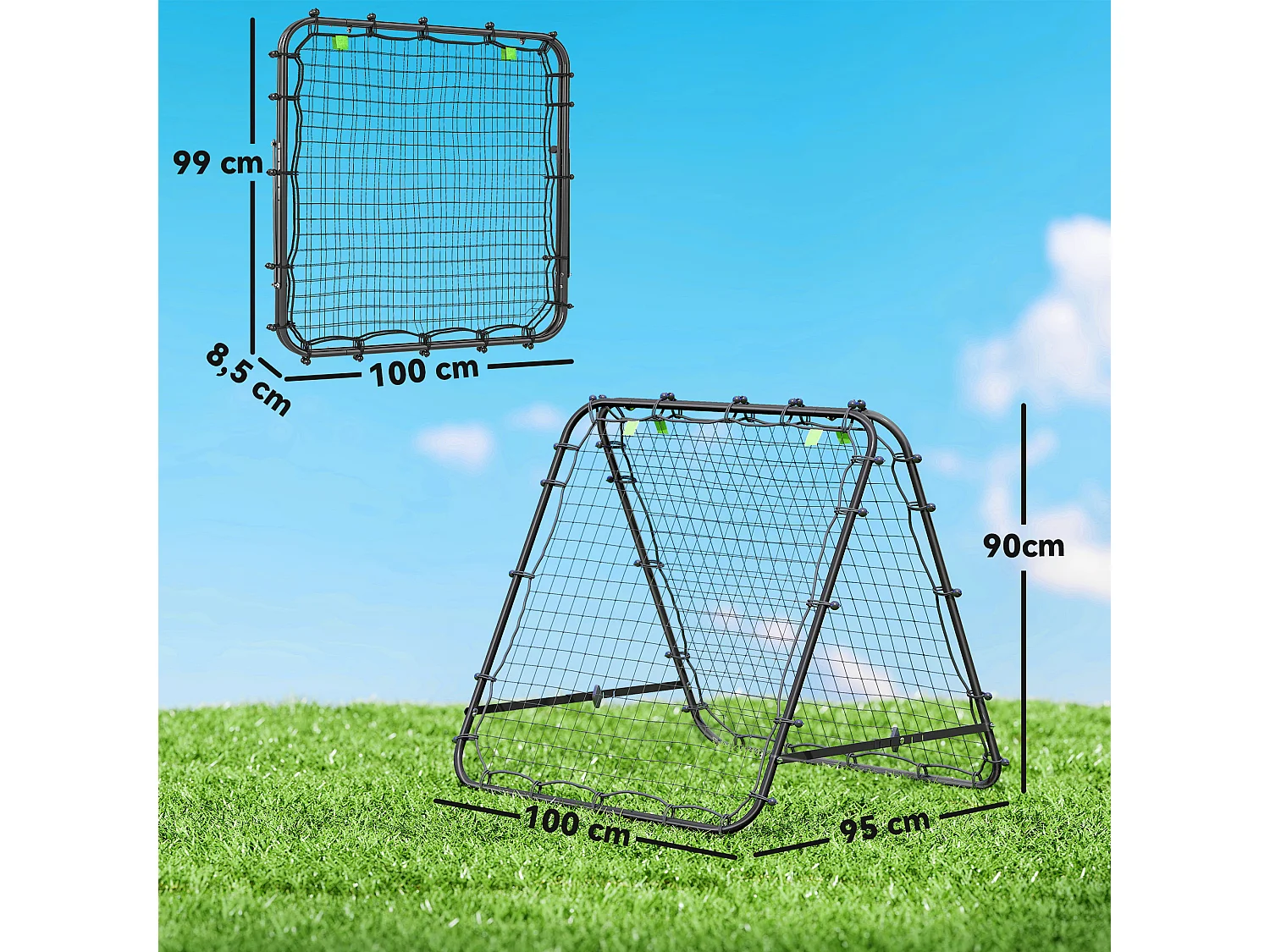 Filet de rebond double face pliable réglable 91 x 91 cm - rebondisseur football - acier PE noir