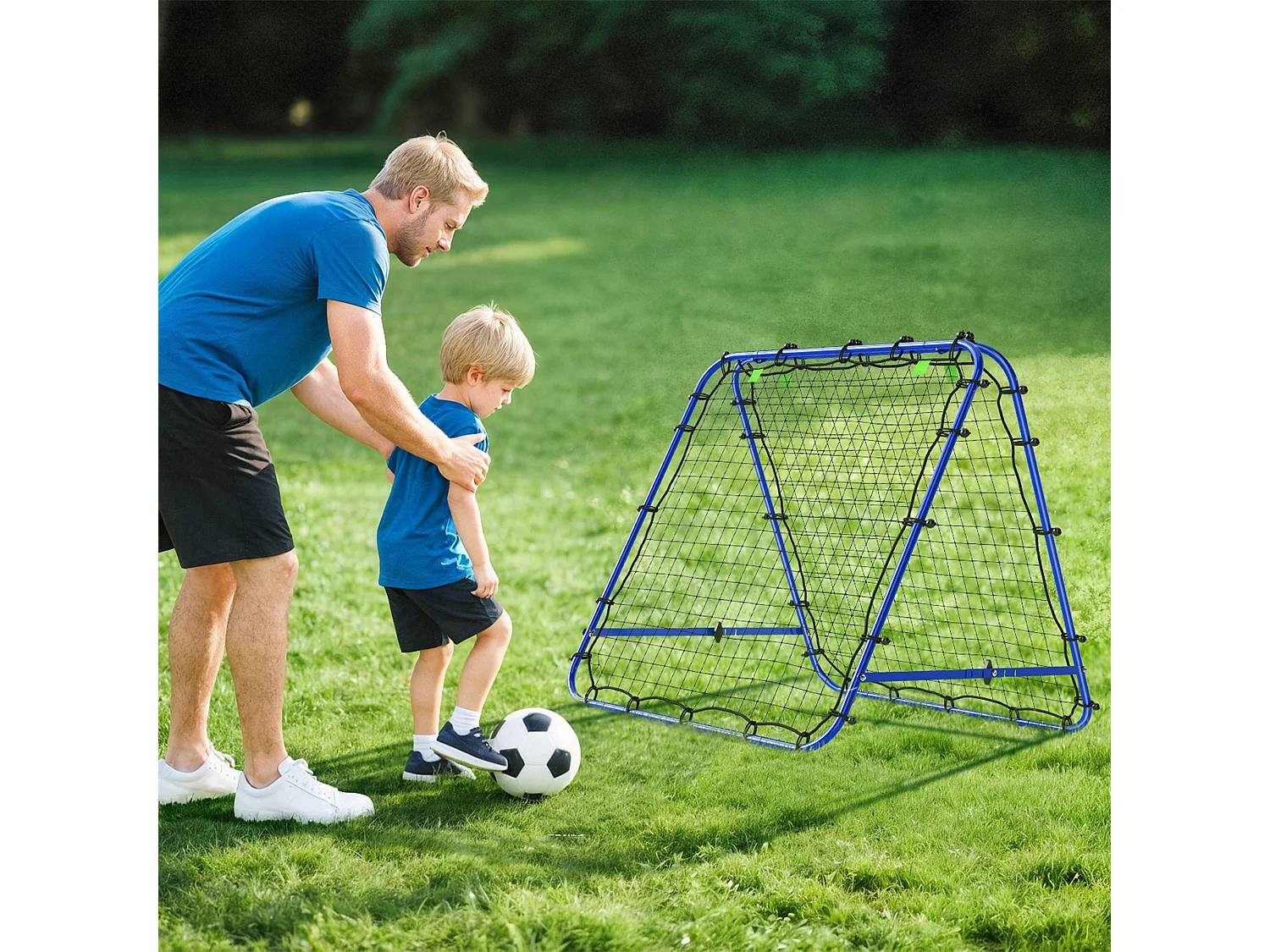 Filet de rebond double face pliable réglable 91 x 91 cm - rebondisseur football - acier PE bleu