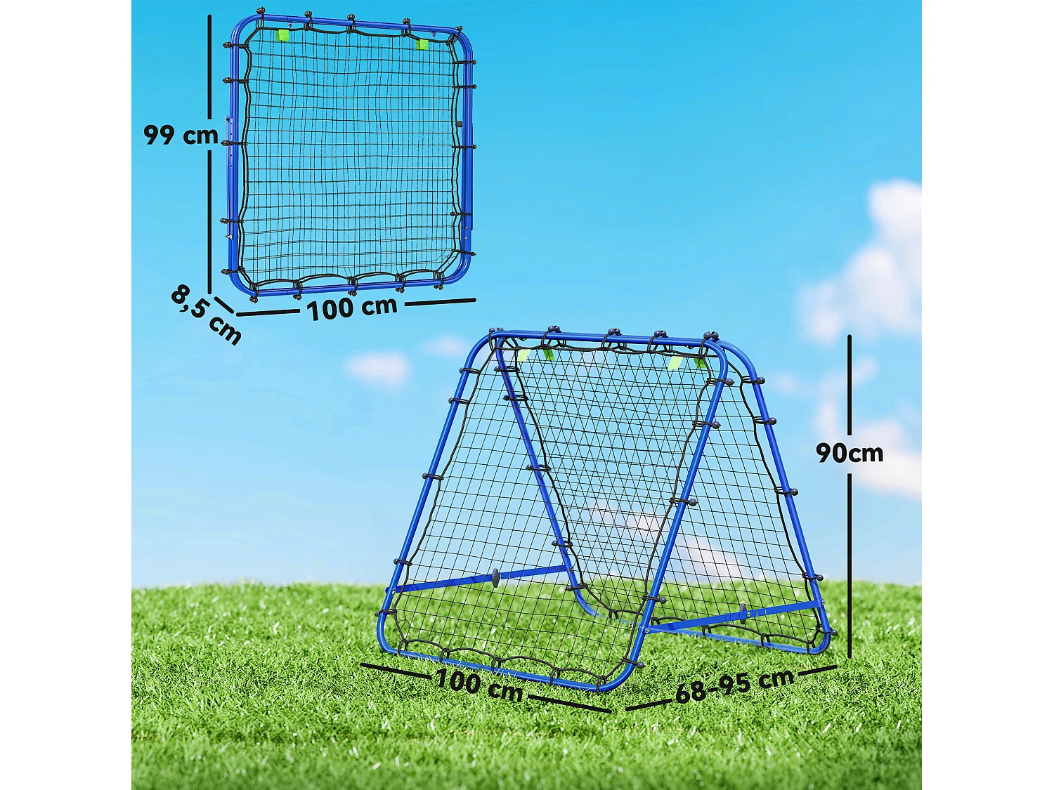 Filet de rebond double face pliable réglable 91 x 91 cm - rebondisseur football - acier PE bleu