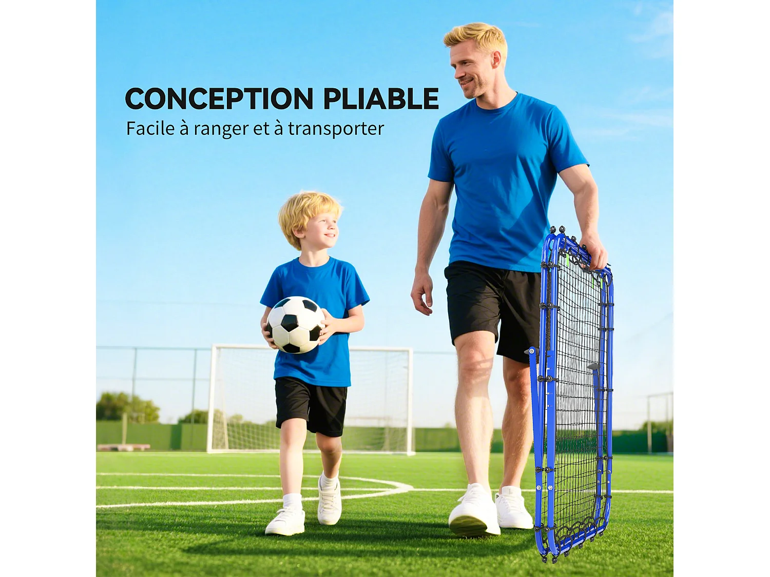 Filet de rebond double face pliable réglable 91 x 91 cm - rebondisseur football - acier PE bleu