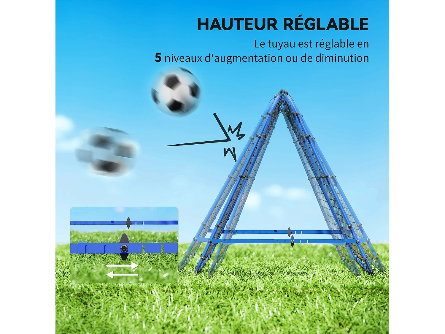 Filet de rebond double face pliable réglable 91 x 91 cm - rebondisseur football - acier PE bleu