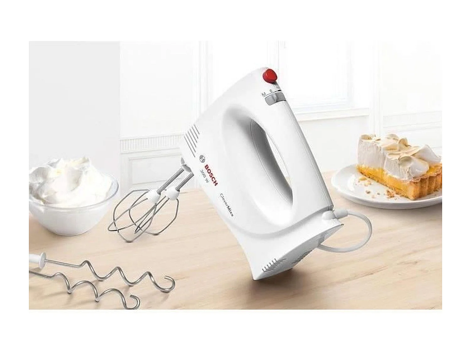 Batteur électrique Bosch MFQ3010 300W blanc, 2 vitesses, crochets et fouets inox, fonction Pulse