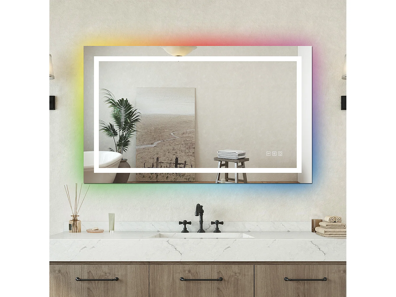 Specchio bagno Rettangolare 120x70cm Led Con 3 Luci + Iridescenza arcobaleno + Antiappannamento