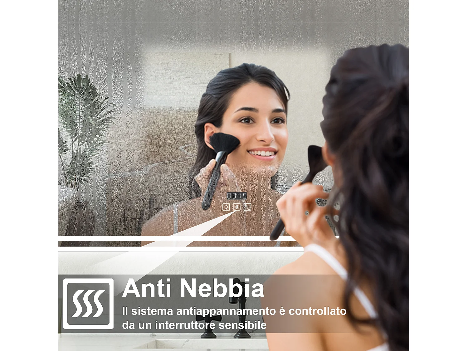 Specchio bagno Rettangolare 100x60cm Led Con 3 Luci Bluetooth + Orologio + Antiappannamento