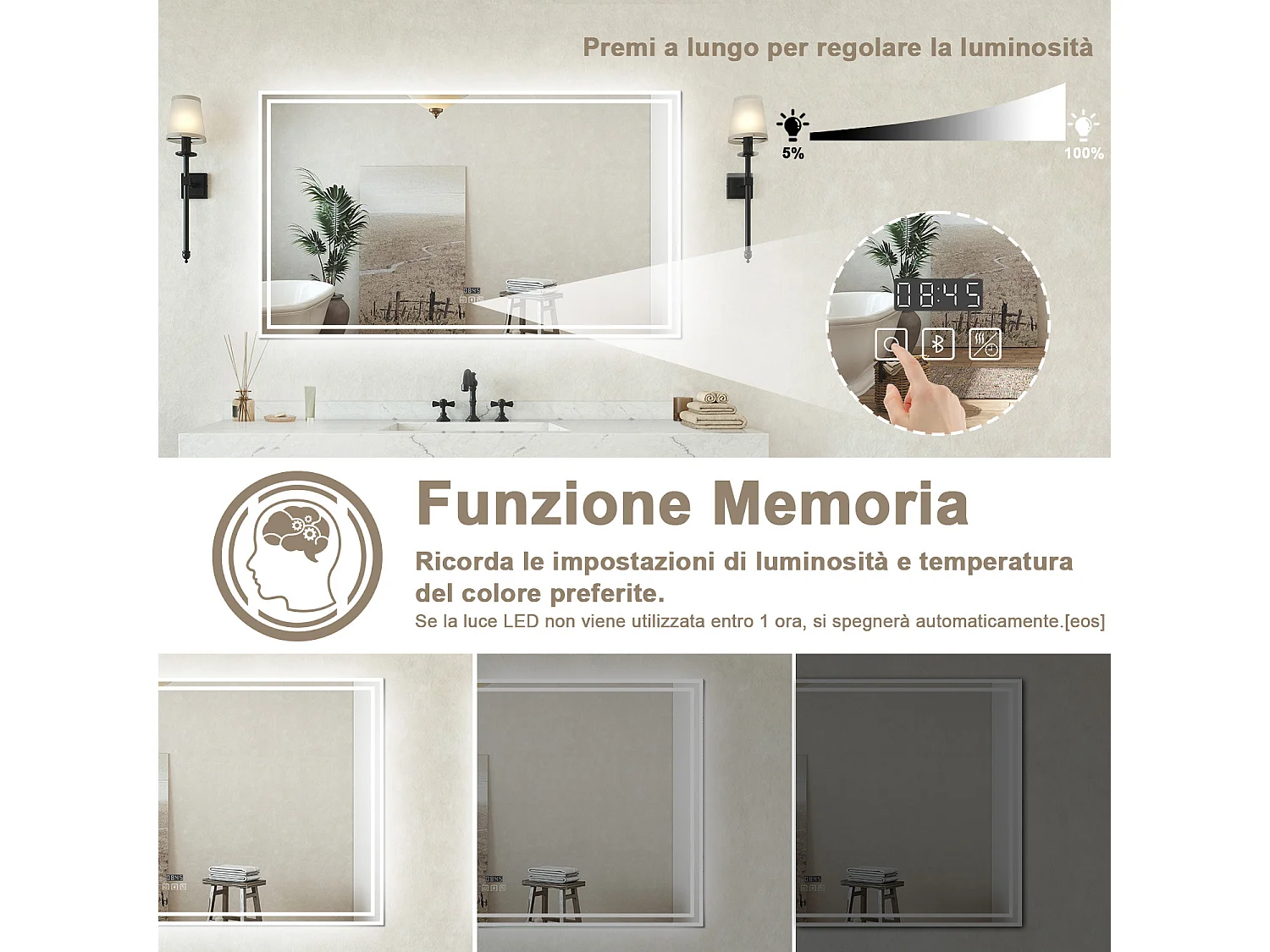 Specchio bagno Rettangolare 100x60cm Led Con 3 Luci Bluetooth + Orologio + Antiappannamento