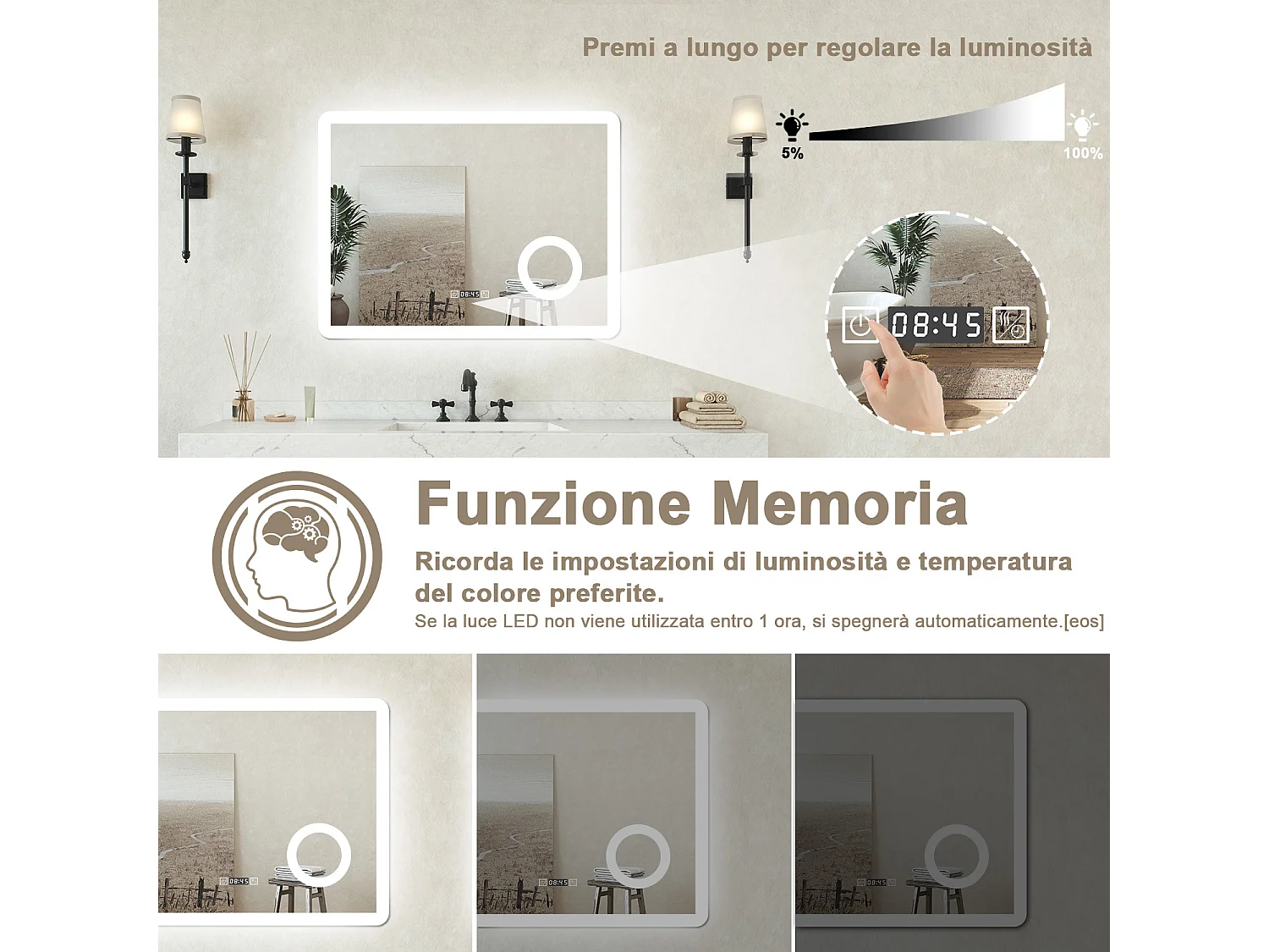 Specchio bagno Rettangolare 80x60cm Led Con 3 Luci + 3X Lente d'ingrandimento + Orologio + Antiappannamento