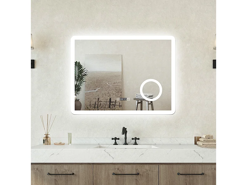 Specchio bagno Rettangolare 80x60cm Led Con 3 Luci + 3X Lente d'ingrandimento + Orologio + Antiappannamento