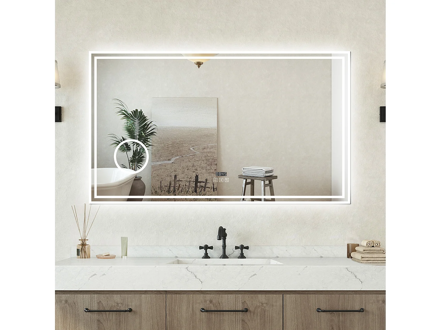 Specchio bagno Rettangolare 100x60cm Led Con 3 Luci + 3X Lente d'ingrandimento + Bluetooth + Orologio + Antiappannamento