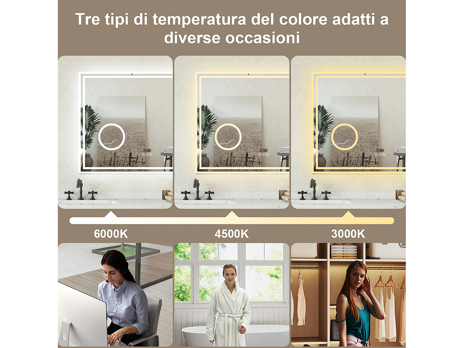 Specchio bagno Rettangolare 100x60cm Led Con 3 Luci + 3X Lente d'ingrandimento + Bluetooth + Orologio + Antiappannamento