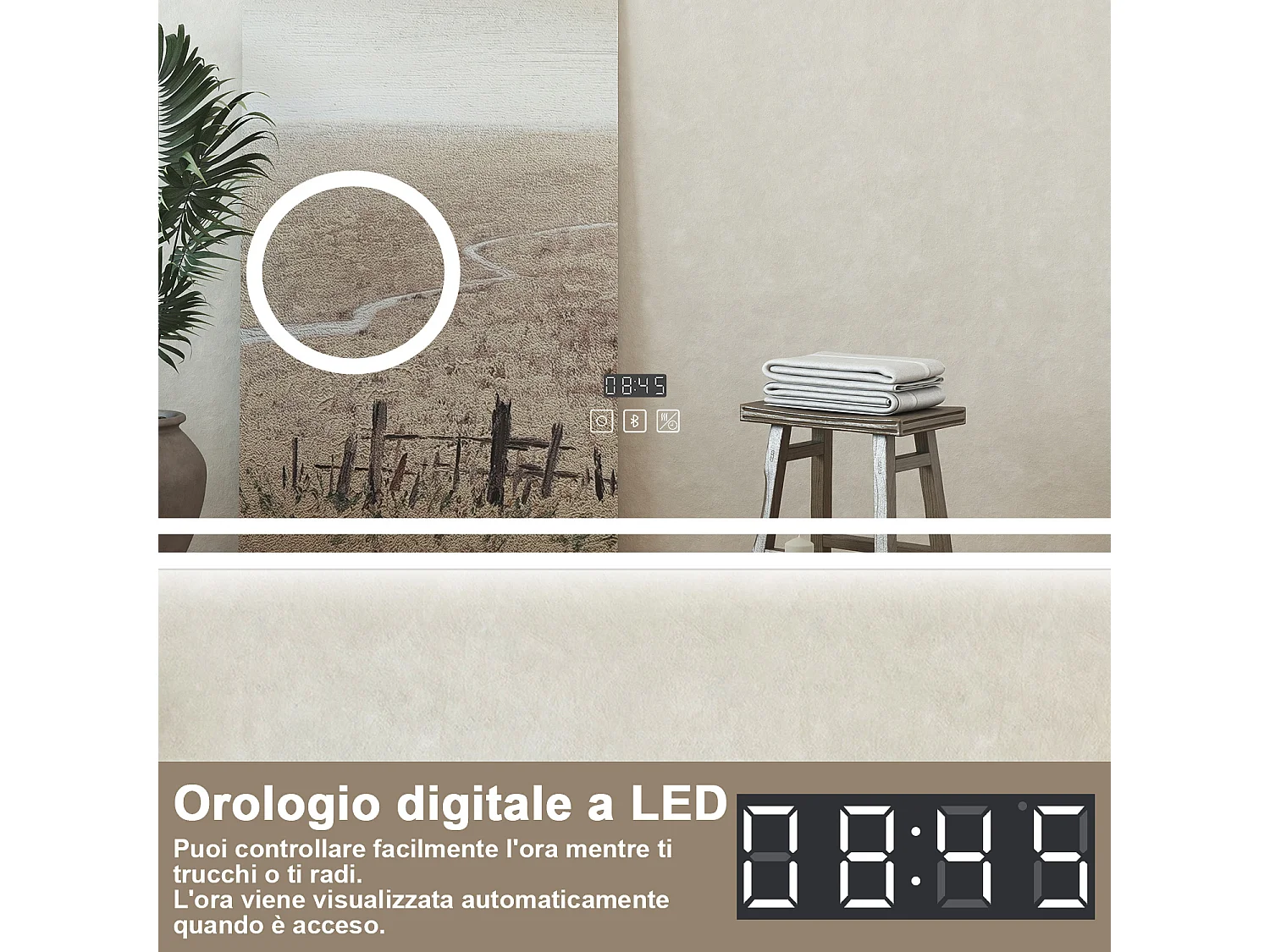 Specchio bagno Rettangolare 100x60cm Led Con 3 Luci + 3X Lente d'ingrandimento + Bluetooth + Orologio + Antiappannamento
