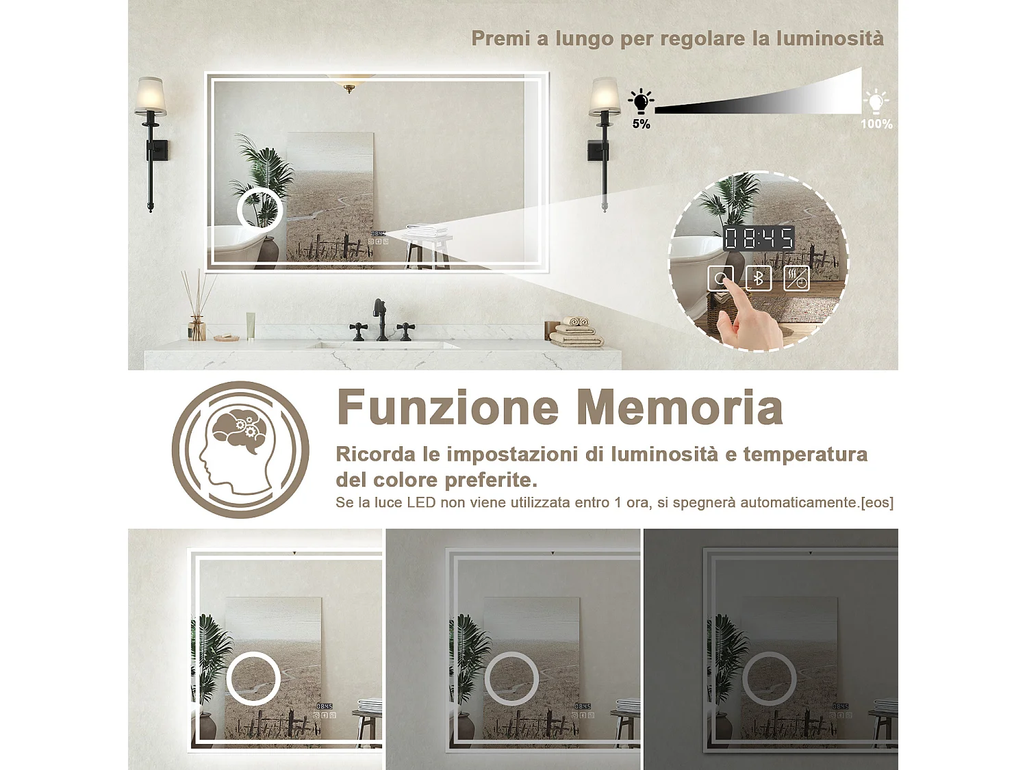 Specchio bagno Rettangolare 100x60cm Led Con 3 Luci + 3X Lente d'ingrandimento + Bluetooth + Orologio + Antiappannamento