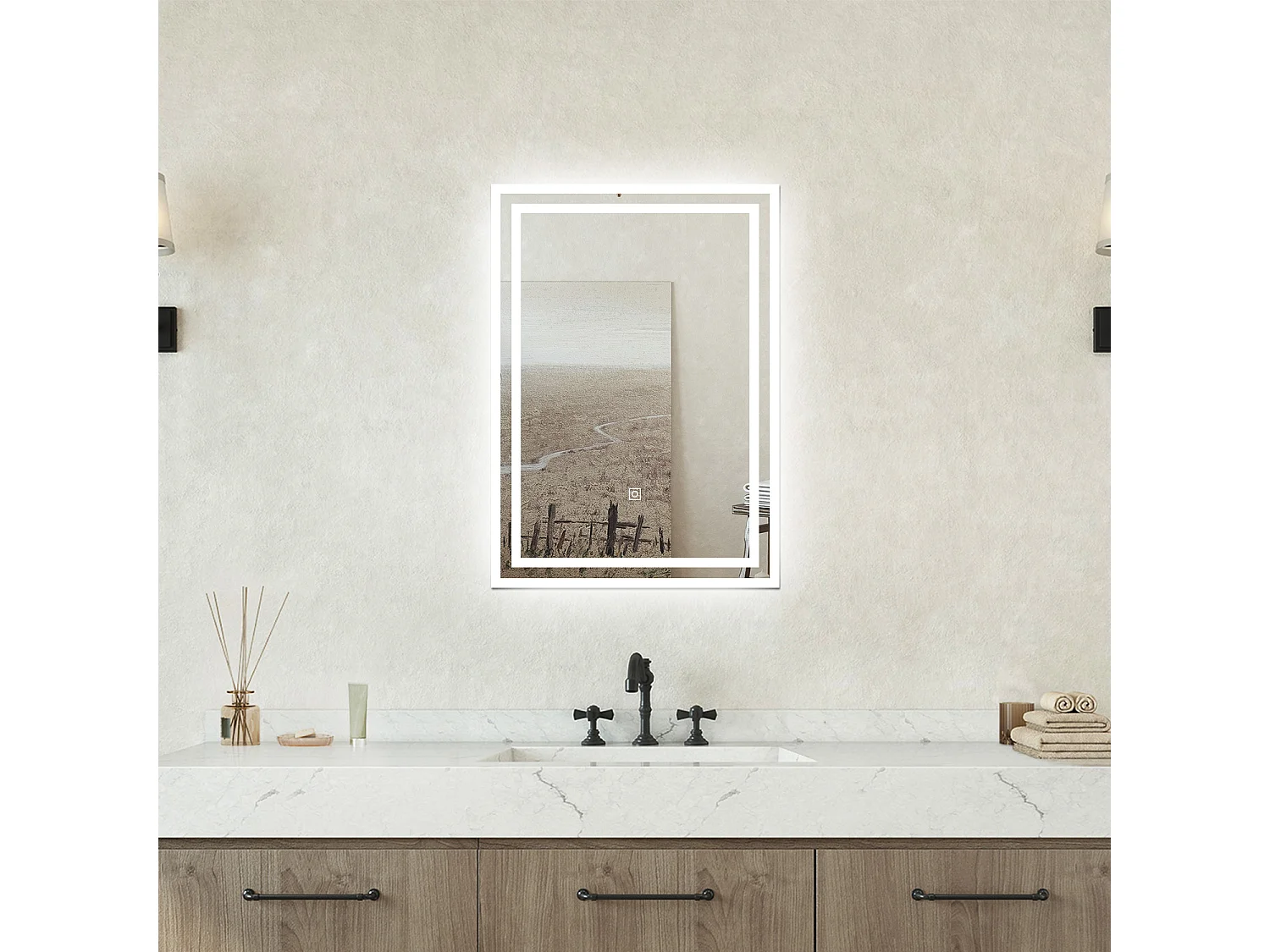 Specchio bagno Rettangolare 50x70cm Retroilluminato Con Led, Antiappannamento + 3 Luci