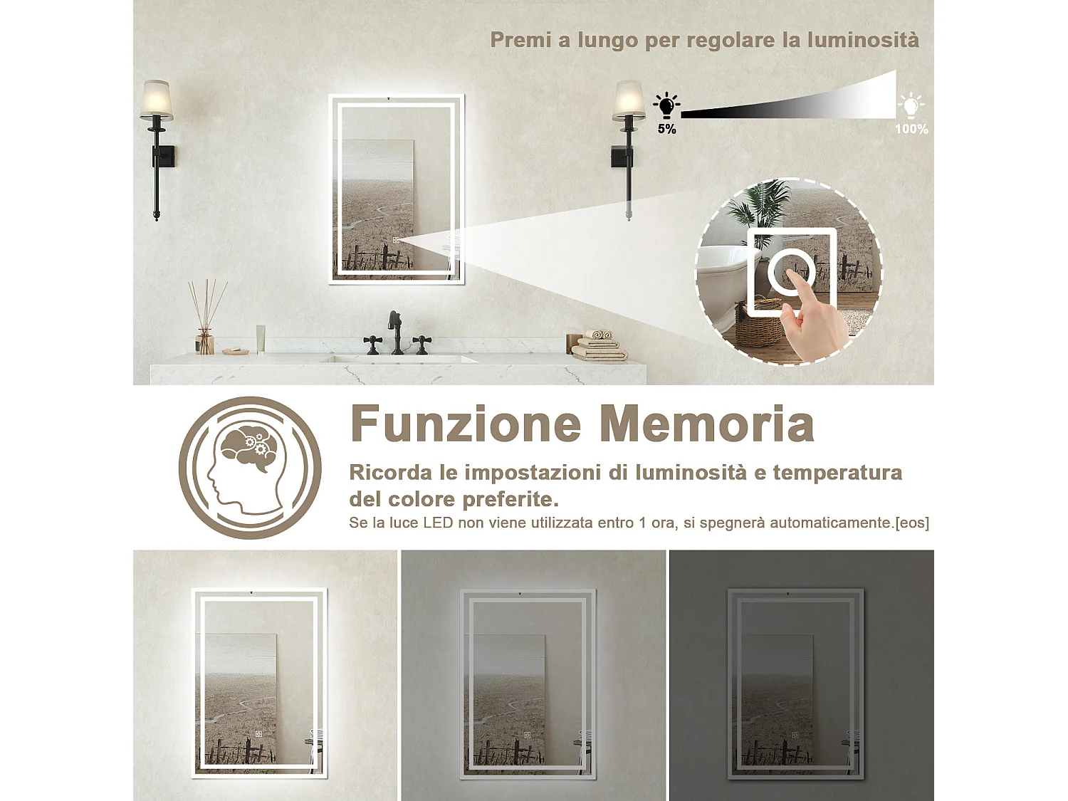 Specchio bagno Rettangolare 50x70cm Retroilluminato Con Led, Antiappannamento + 3 Luci