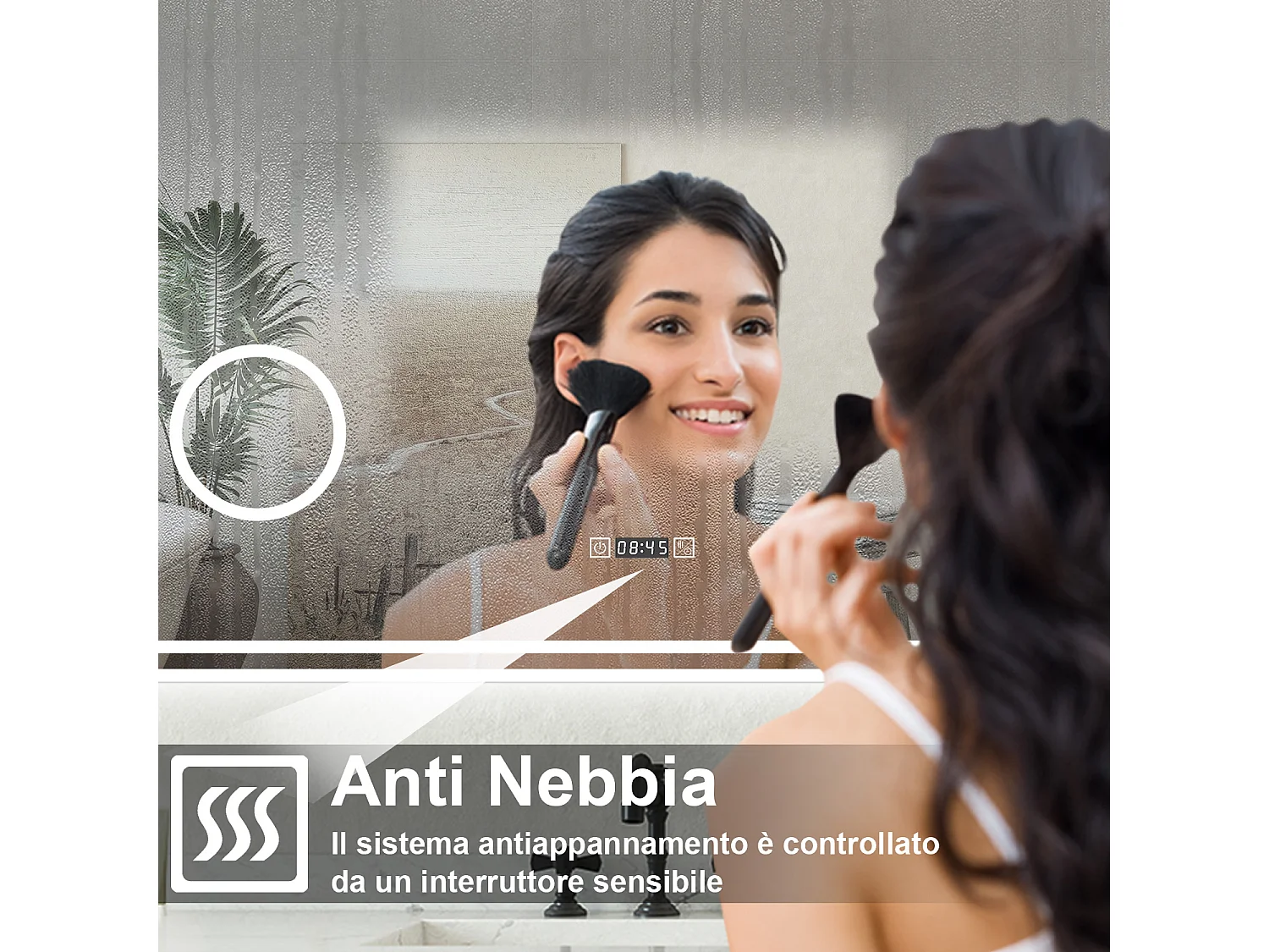 Specchio bagno Rettangolare 160x80cm Led Con 3 Luci + 3X Lente d'ingrandimento + Orologio + Antiappannamento