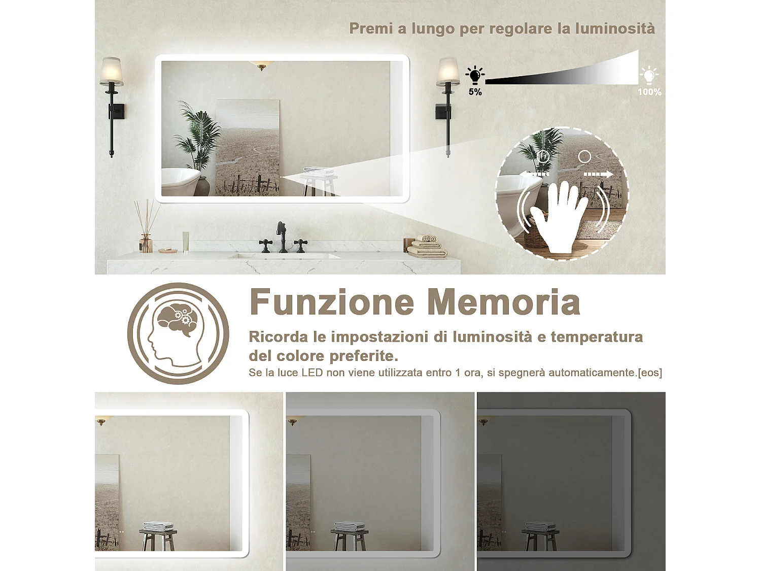 Specchio bagno Rettangolare 120x70cm Retroilluminato Con Led, Antiappannamento