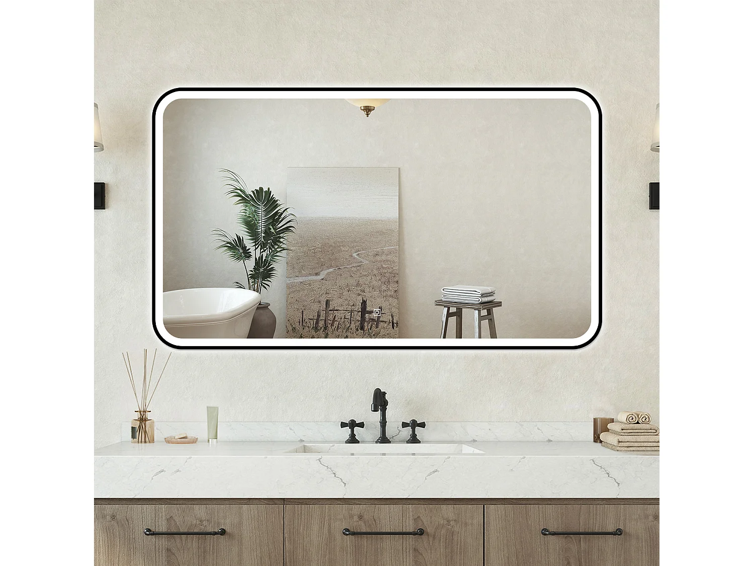 Specchio bagno Rettangolare 90x70cm Retroilluminato Con Led, Antiappannamento + 3 Luci