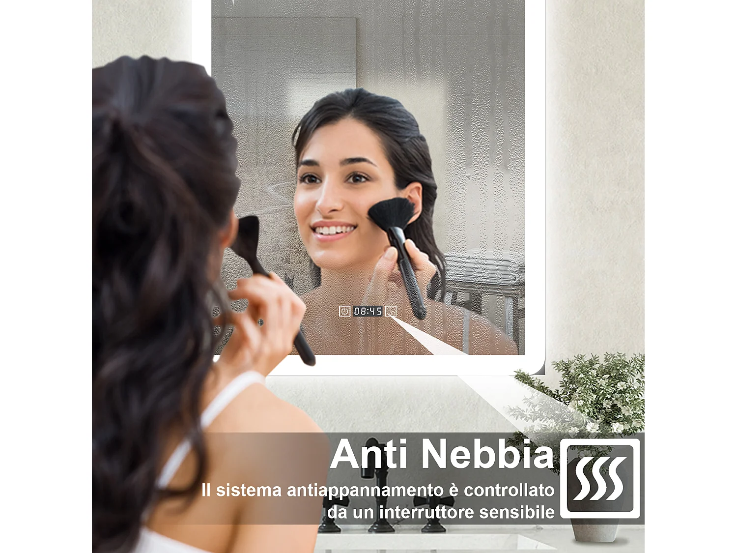 Specchio bagno Rettangolare 60x80cm Led Con 3 Luci + Orologio + Antiappannamento