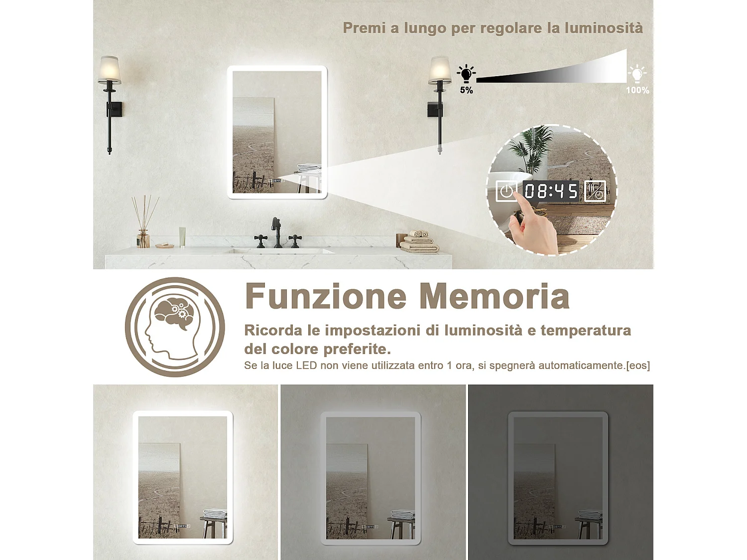 Specchio bagno Rettangolare 60x80cm Led Con 3 Luci + Orologio + Antiappannamento