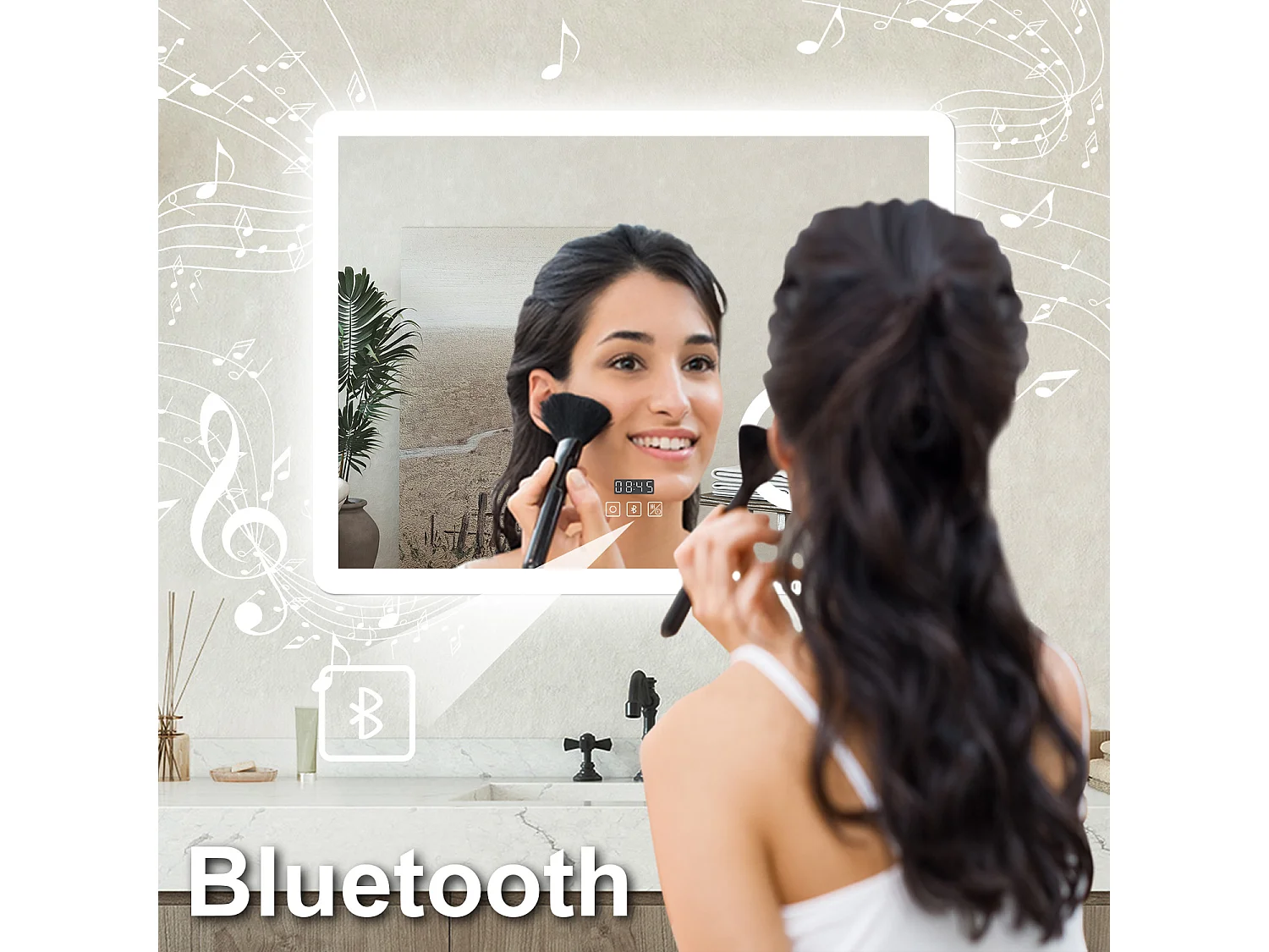 Specchio bagno Rettangolare 100x60cm Led Con 3 Luci + 3X Lente d'ingrandimento + Bluetooth + Orologio + Antiappannamento