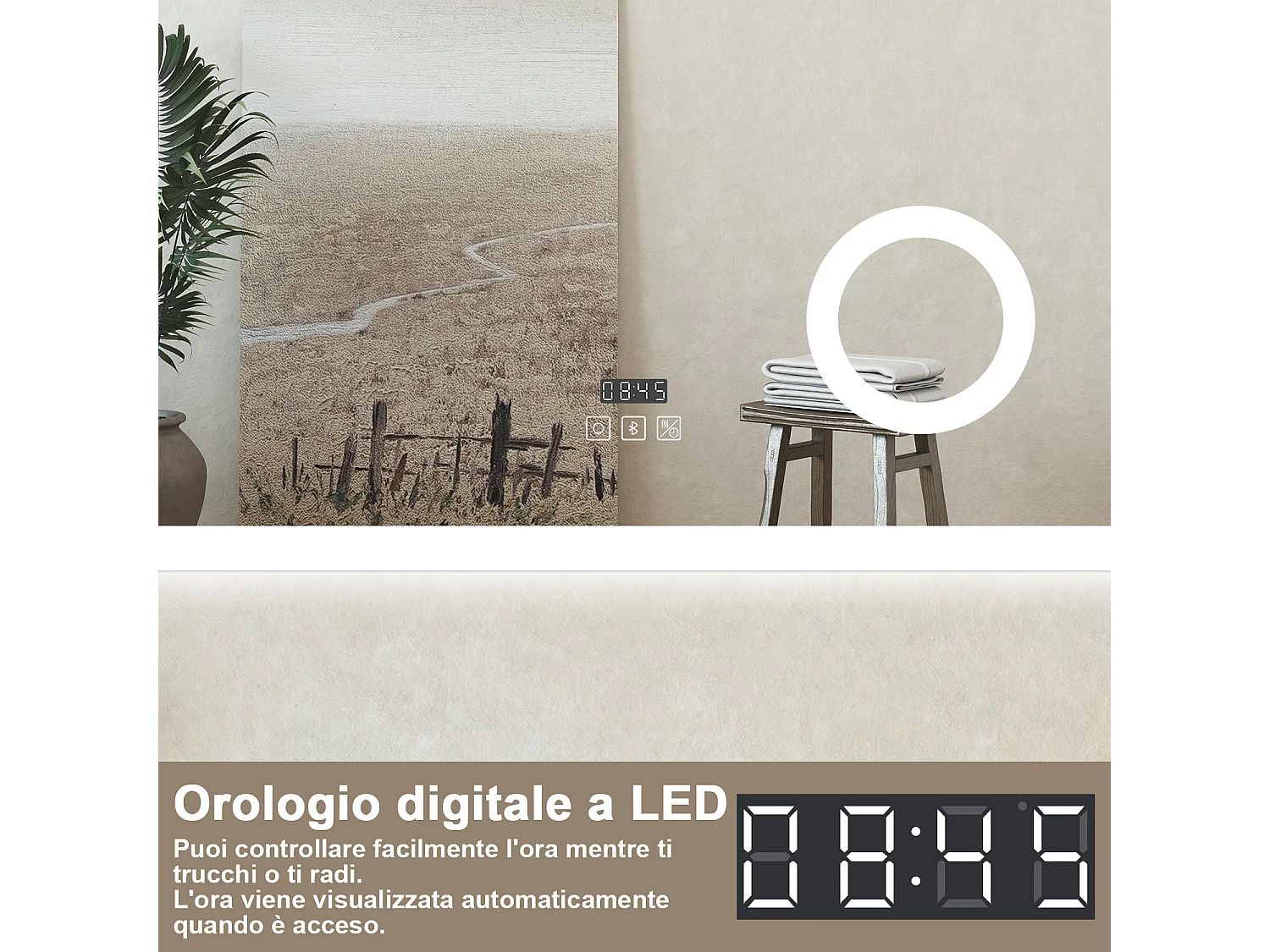 Specchio bagno Rettangolare 100x60cm Led Con 3 Luci + 3X Lente d'ingrandimento + Bluetooth + Orologio + Antiappannamento