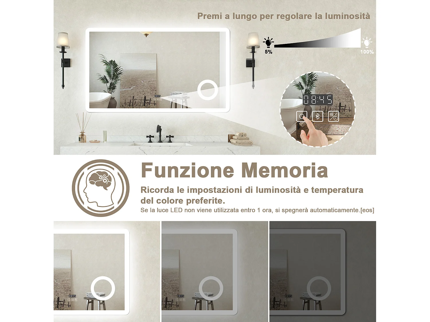 Specchio bagno Rettangolare 100x60cm Led Con 3 Luci + 3X Lente d'ingrandimento + Bluetooth + Orologio + Antiappannamento