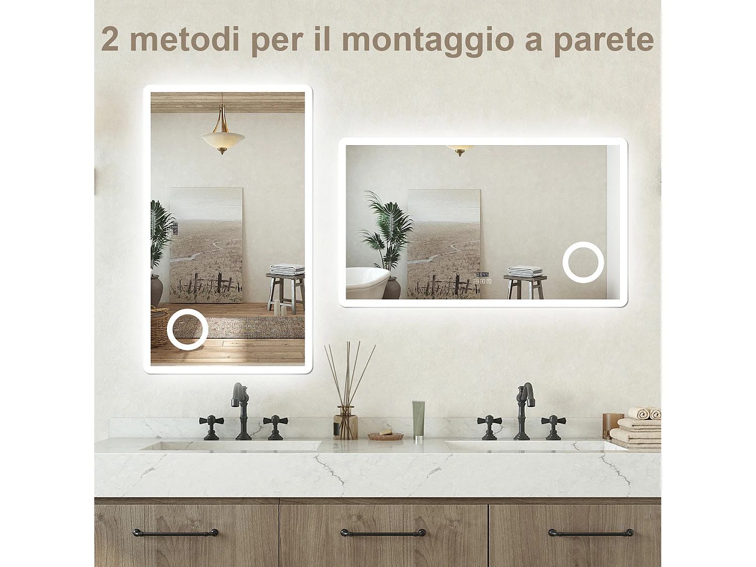 Specchio bagno Rettangolare 100x60cm Led Con 3 Luci + 3X Lente d'ingrandimento + Bluetooth + Orologio + Antiappannamento