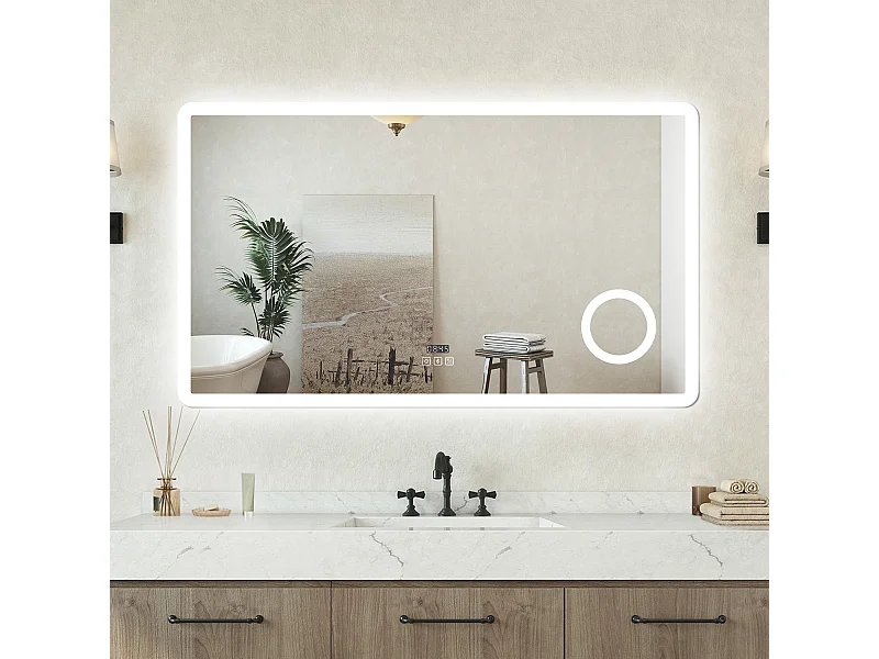 Specchio bagno Rettangolare 100x60cm Led Con 3 Luci + 3X Lente d'ingrandimento + Bluetooth + Orologio + Antiappannamento