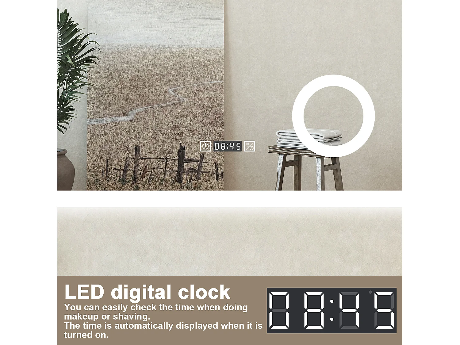 Specchio bagno Rettangolare 120x70cm Led Con 3 Luci + 3X Lente d'ingrandimento + Orologio + Antiappannamento