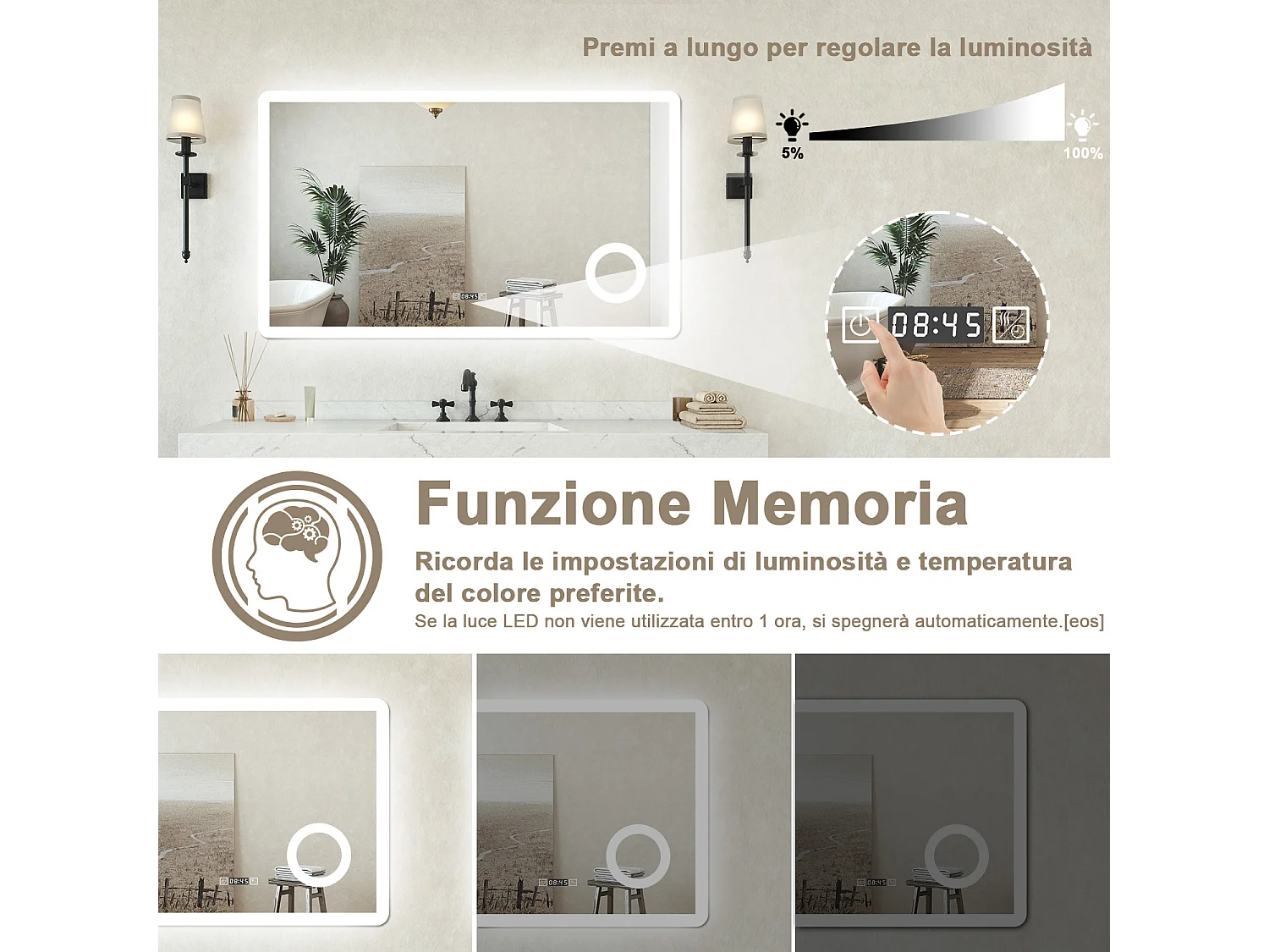 Specchio bagno Rettangolare 120x70cm Led Con 3 Luci + 3X Lente d'ingrandimento + Orologio + Antiappannamento