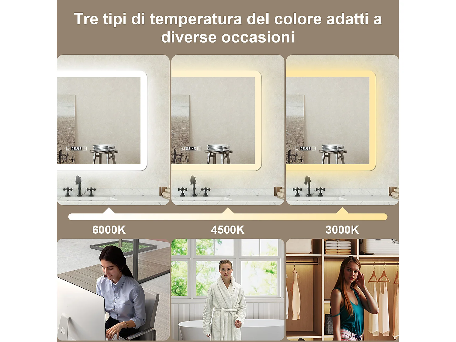 Specchio bagno Rettangolare 100x60cm Led Con 3 Luci + Orologio + Antiappannamento