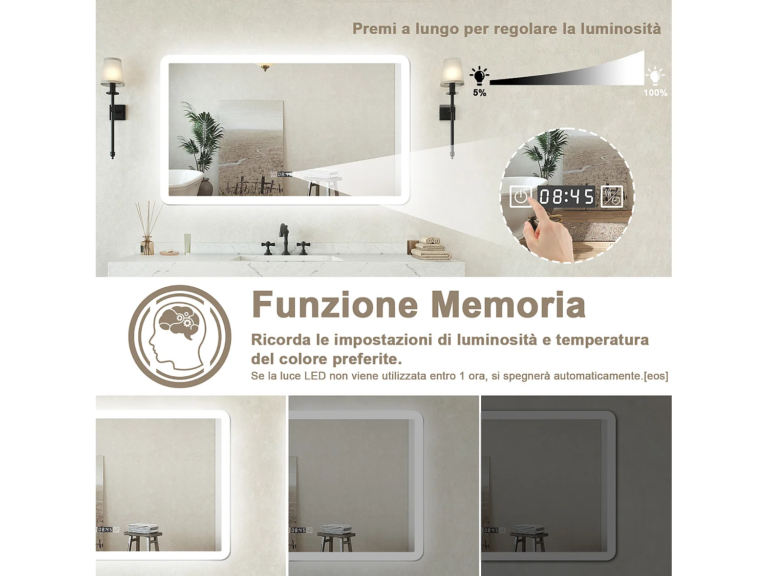 Specchio bagno Rettangolare 100x60cm Led Con 3 Luci + Orologio + Antiappannamento