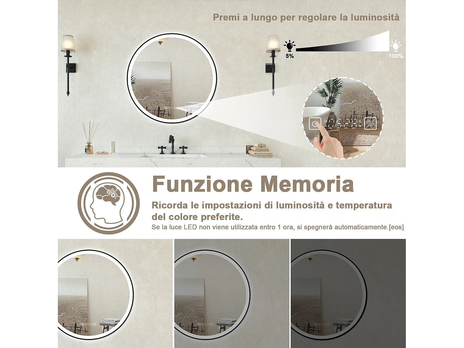 Specchio bagno Tondo Diametro 60cm Retroilluminato Con Led, Antiappannamento + 3 Luci + orologio