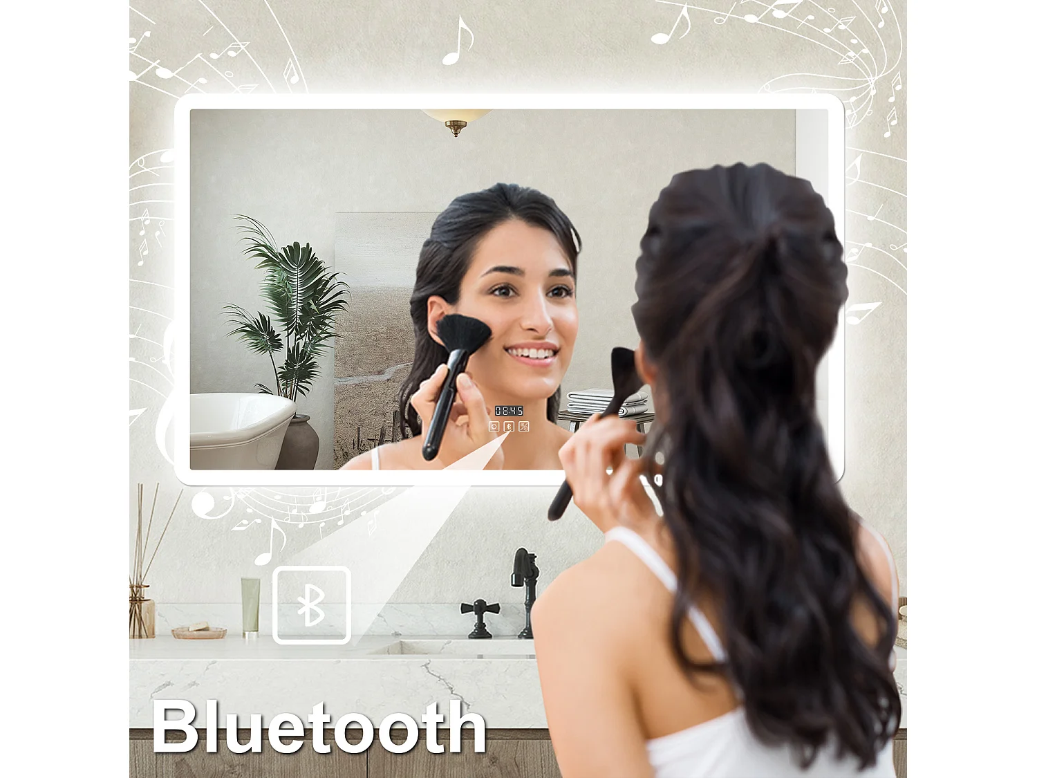 Specchio bagno Rettangolare 100x60cm Led Con 3 Luci Bluetooth + Orologio + Antiappannamento