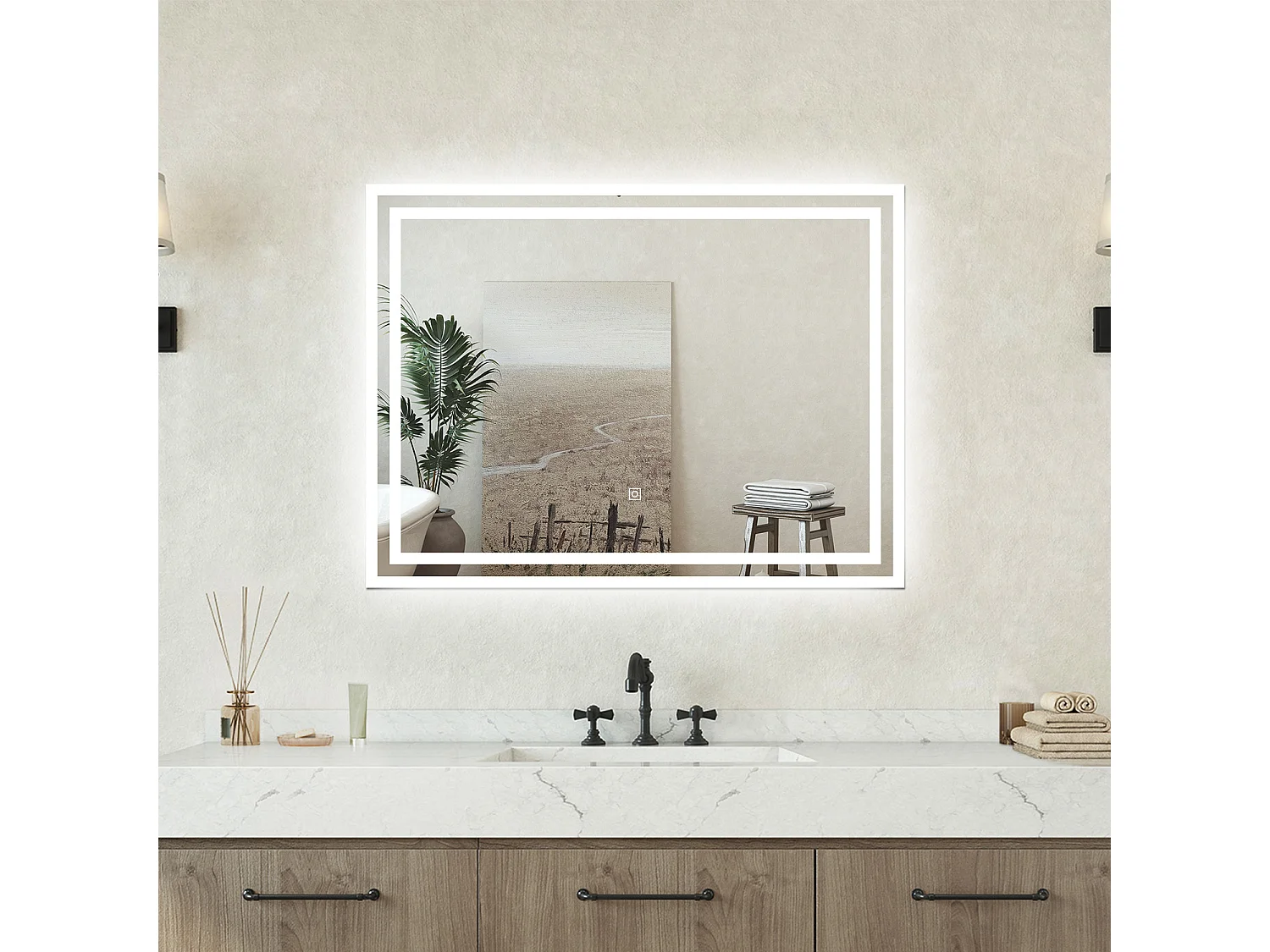 Specchio bagno Rettangolare 80x60cm Retroilluminato Con Led, Antiappannamento + 3 Luci