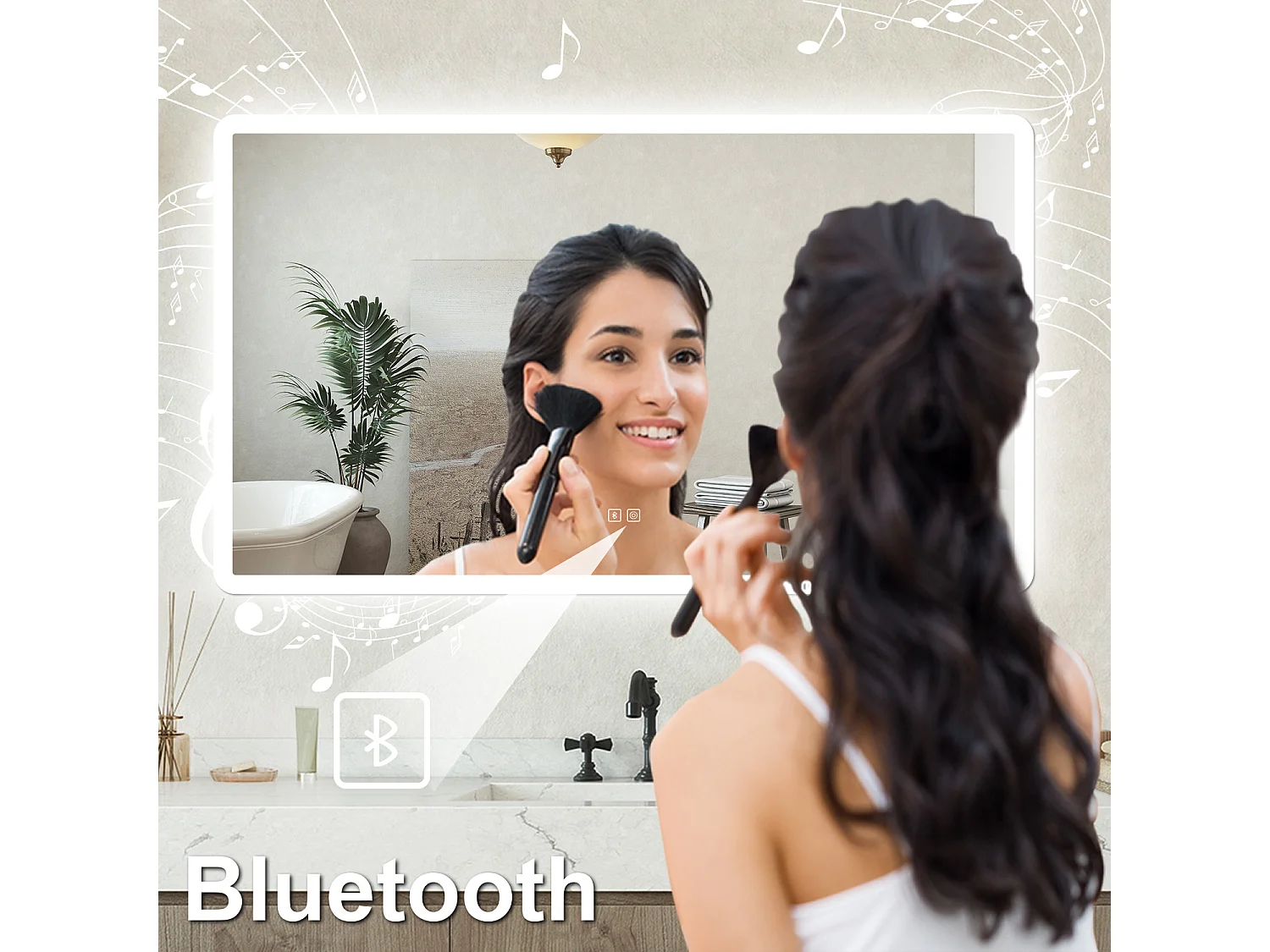 Specchio bagno Rettangolare 120x70cm Led Con 3 Luci + 3X Lente d'ingrandimento + Bluetooth + Antiappannamento