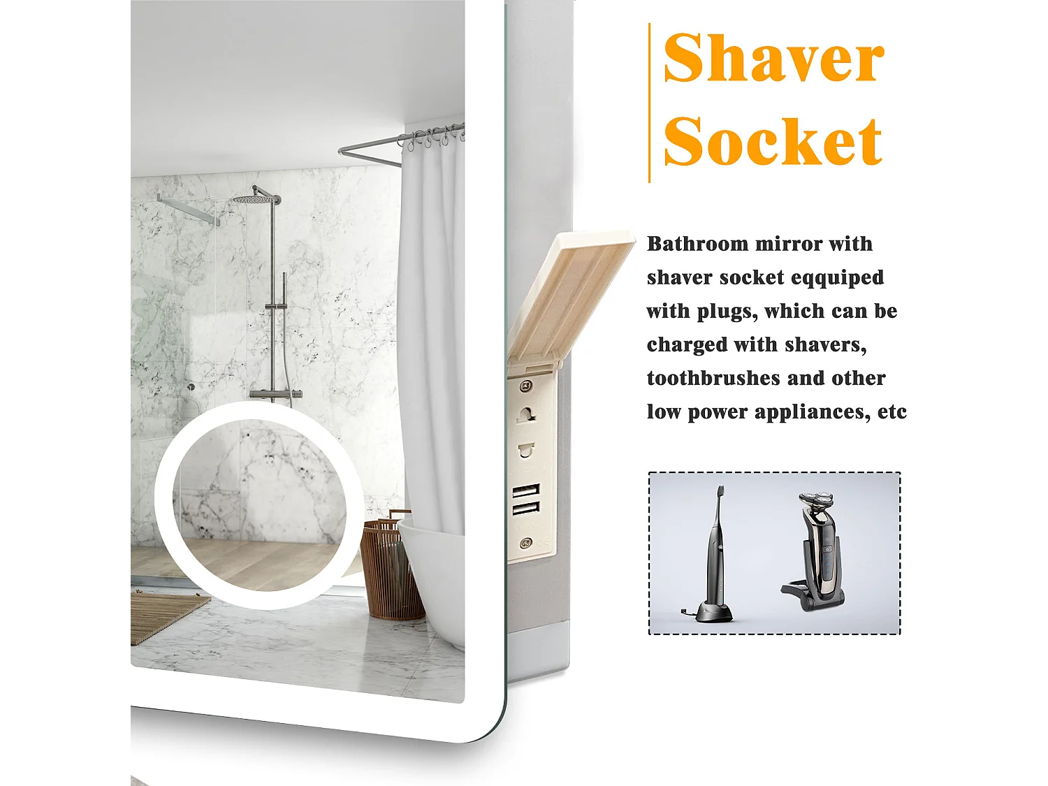 Specchio bagno Rettangolare 120x70cm Led Con 3 Luci + 3X Lente d'ingrandimento + Bluetooth + Antiappannamento