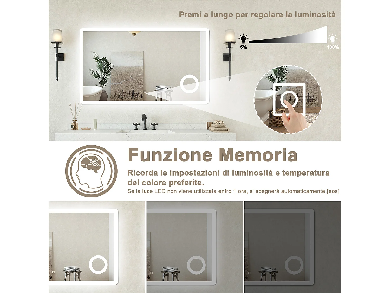 Specchio bagno Rettangolare 120x70cm Led Con 3 Luci + 3X Lente d'ingrandimento + Antiappannamento