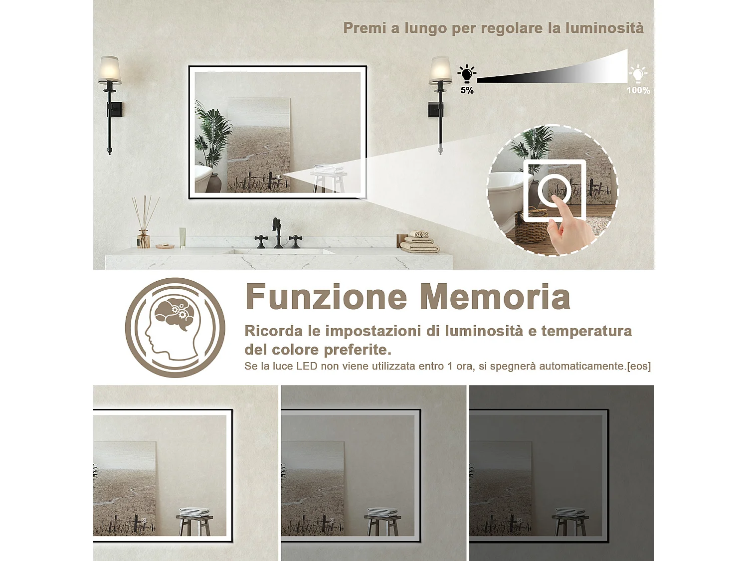 Specchio bagno Rettangolare 90x70cm Retroilluminato Con Led, Antiappannamento + 3 Luci