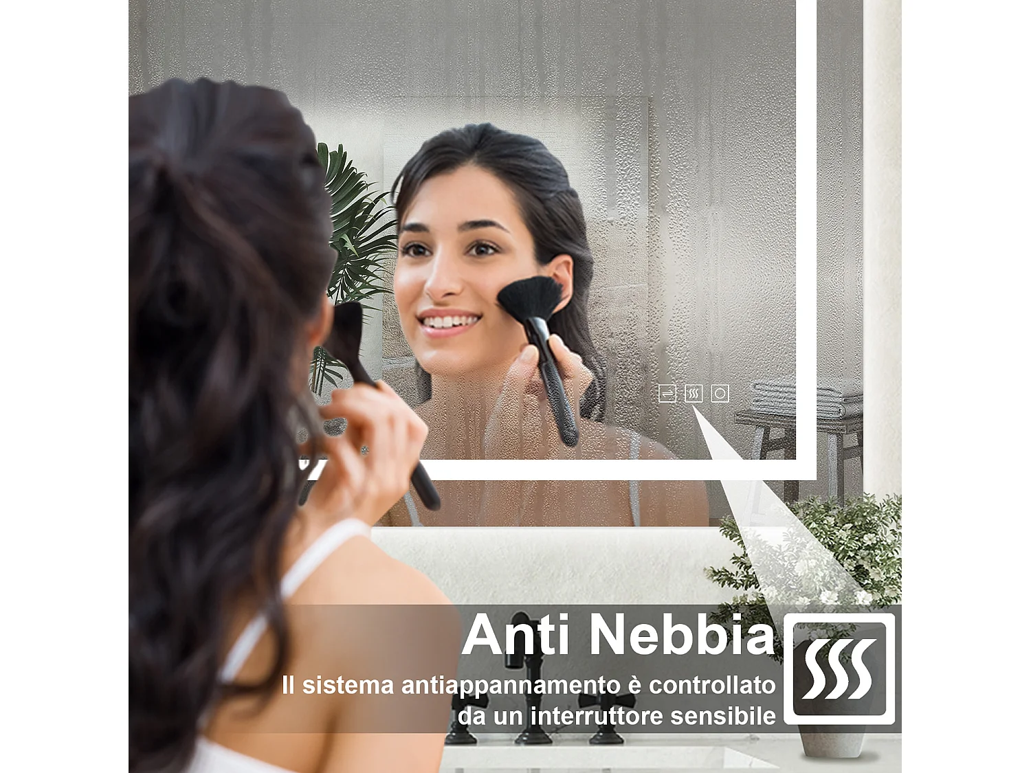 Specchio bagno Rettangolare 70x50cm Led Con 3 Luci + Iridescenza arcobaleno + Antiappannamento