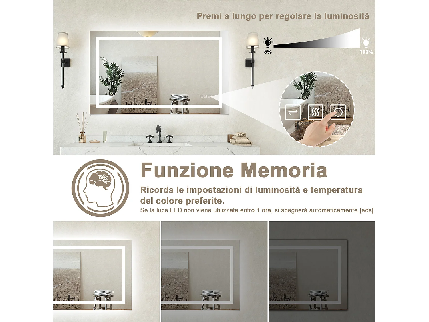 Specchio bagno Rettangolare 70x50cm Led Con 3 Luci + Iridescenza arcobaleno + Antiappannamento