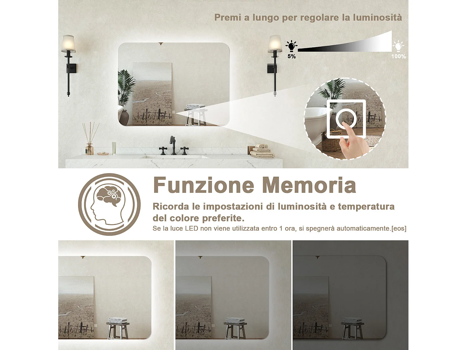 Specchio bagno Rettangolare 100x80cm Retroilluminato Con Led, 3 Luci, Design Moderno