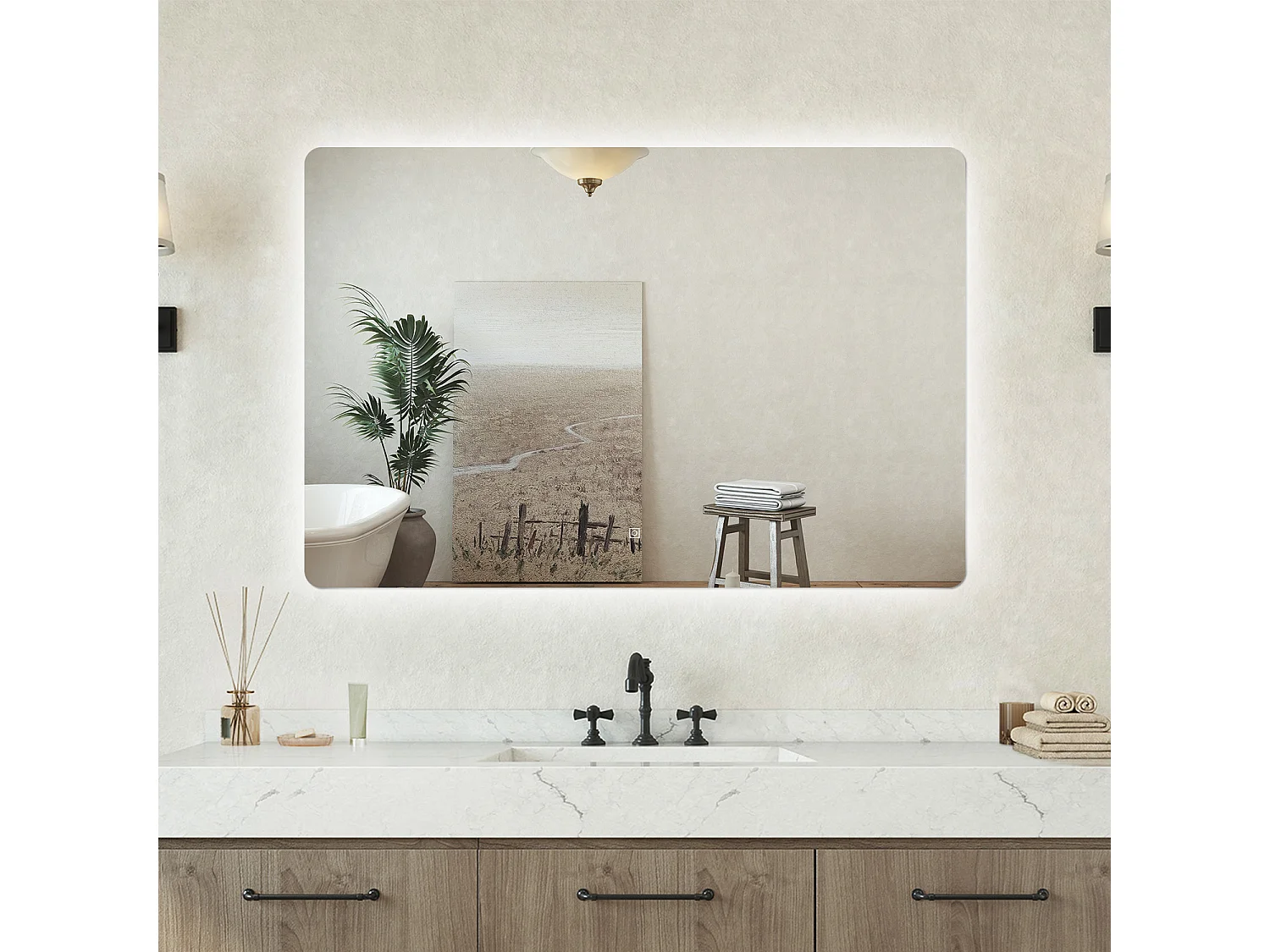 Specchio bagno Rettangolare 60x40cm Retroilluminato Con Led, Design Moderno + 3 Luci