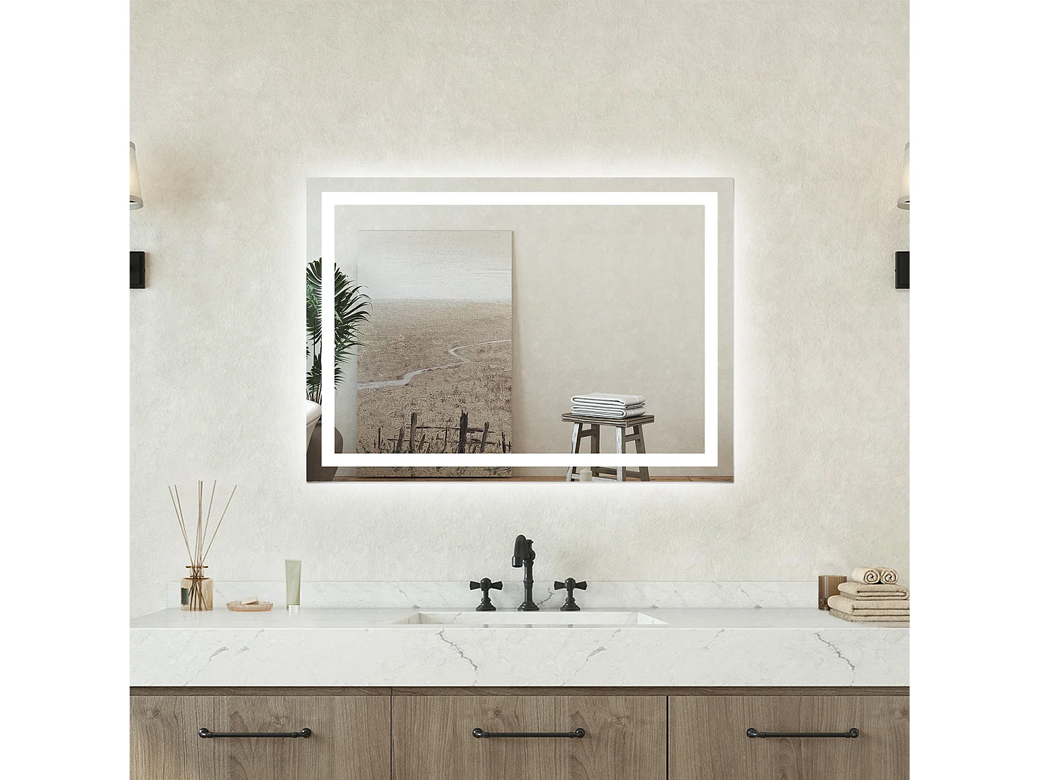 Specchio bagno Rettangolare 80x60cm Retroilluminato Con Led, Antiappannamento + 3 Luci
