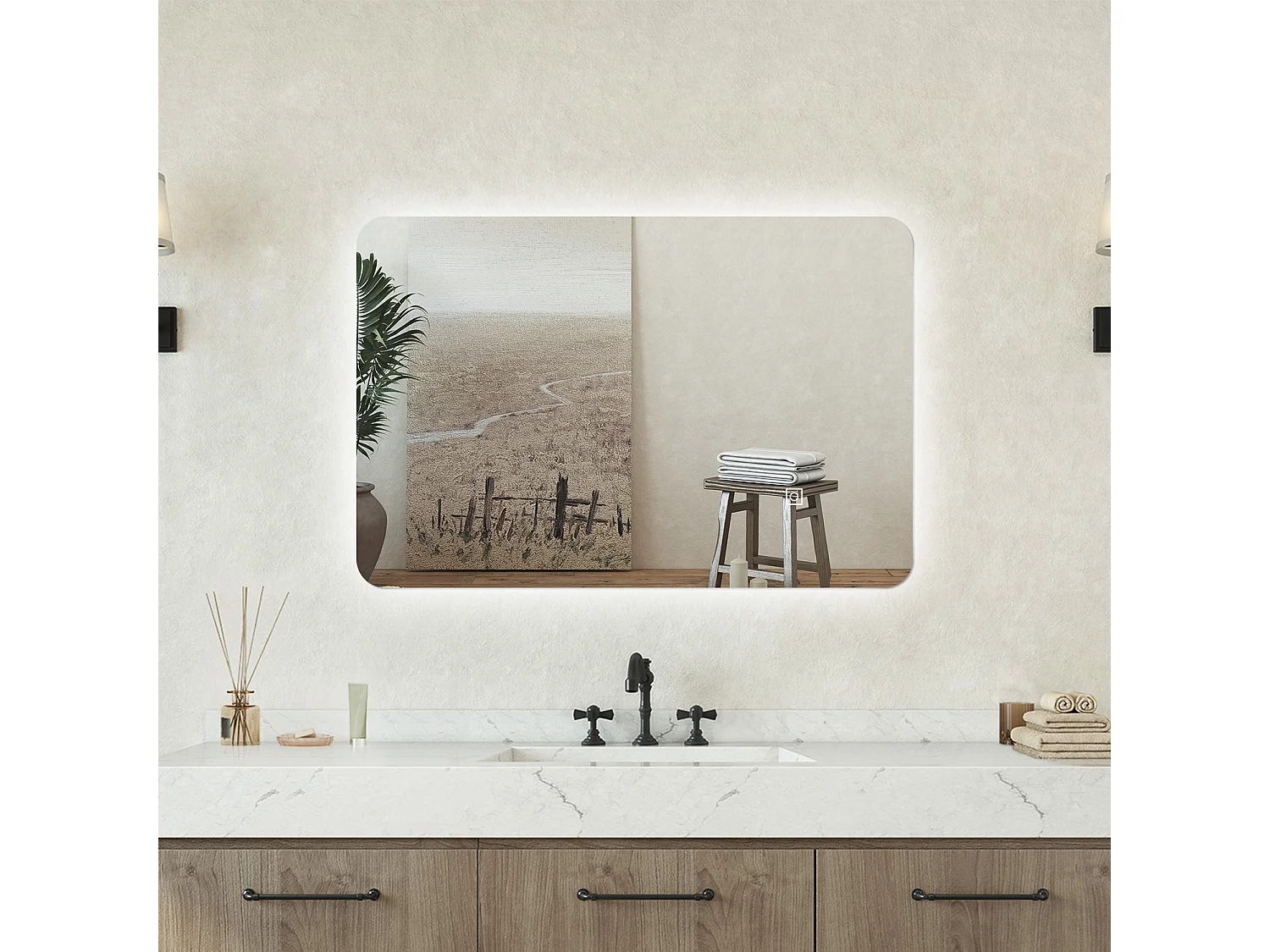 Specchio bagno Rettangolare 60x40cm Retroilluminato Con Led, 3 Luci, Design Moderno