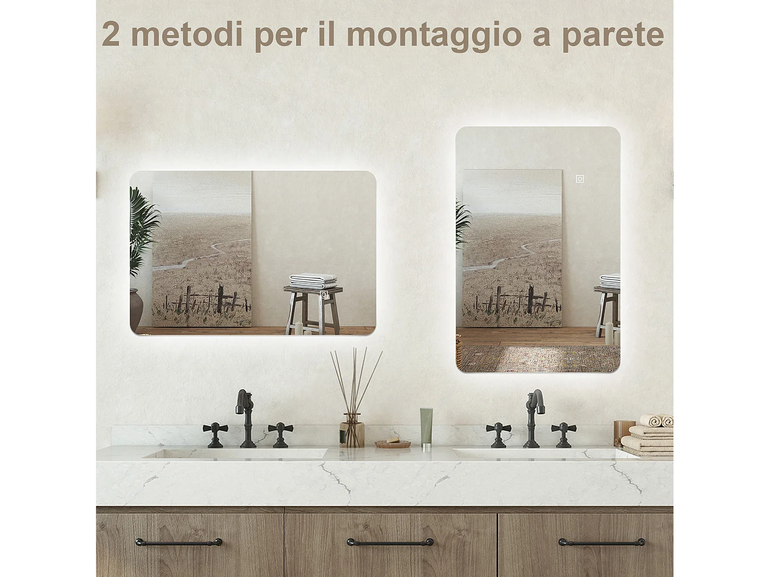 Specchio bagno Rettangolare 60x40cm Retroilluminato Con Led, 3 Luci, Design Moderno