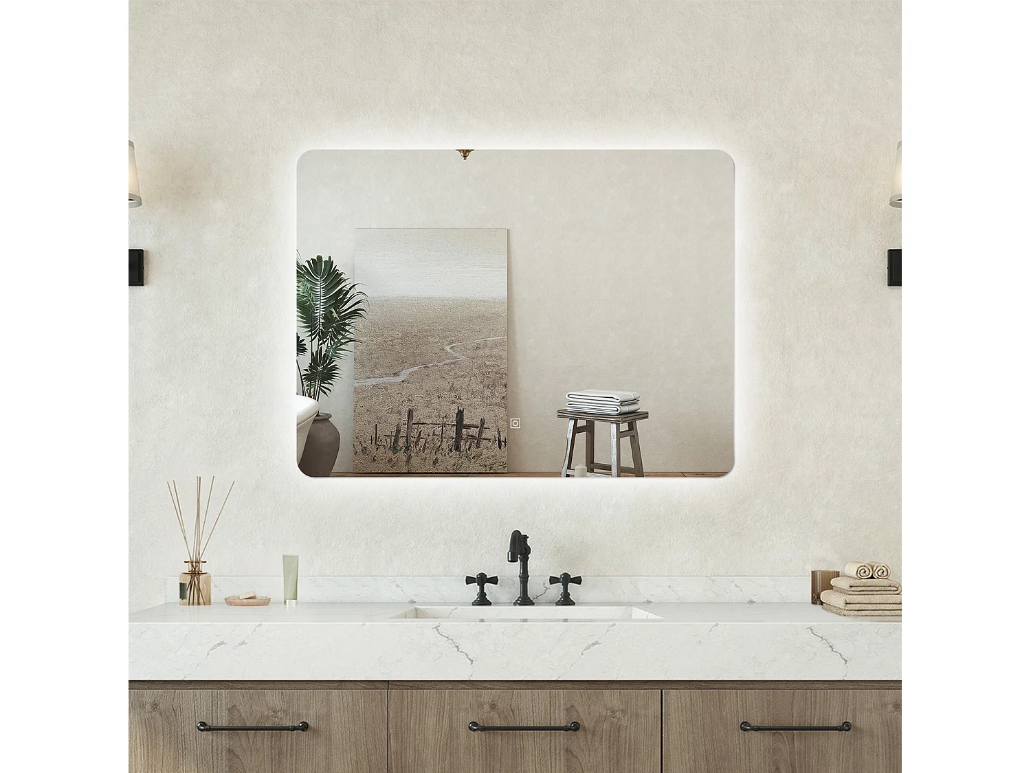Specchio bagno Rettangolare 100x70cm Retroilluminato Con Led, 3 Luci, Design Moderno