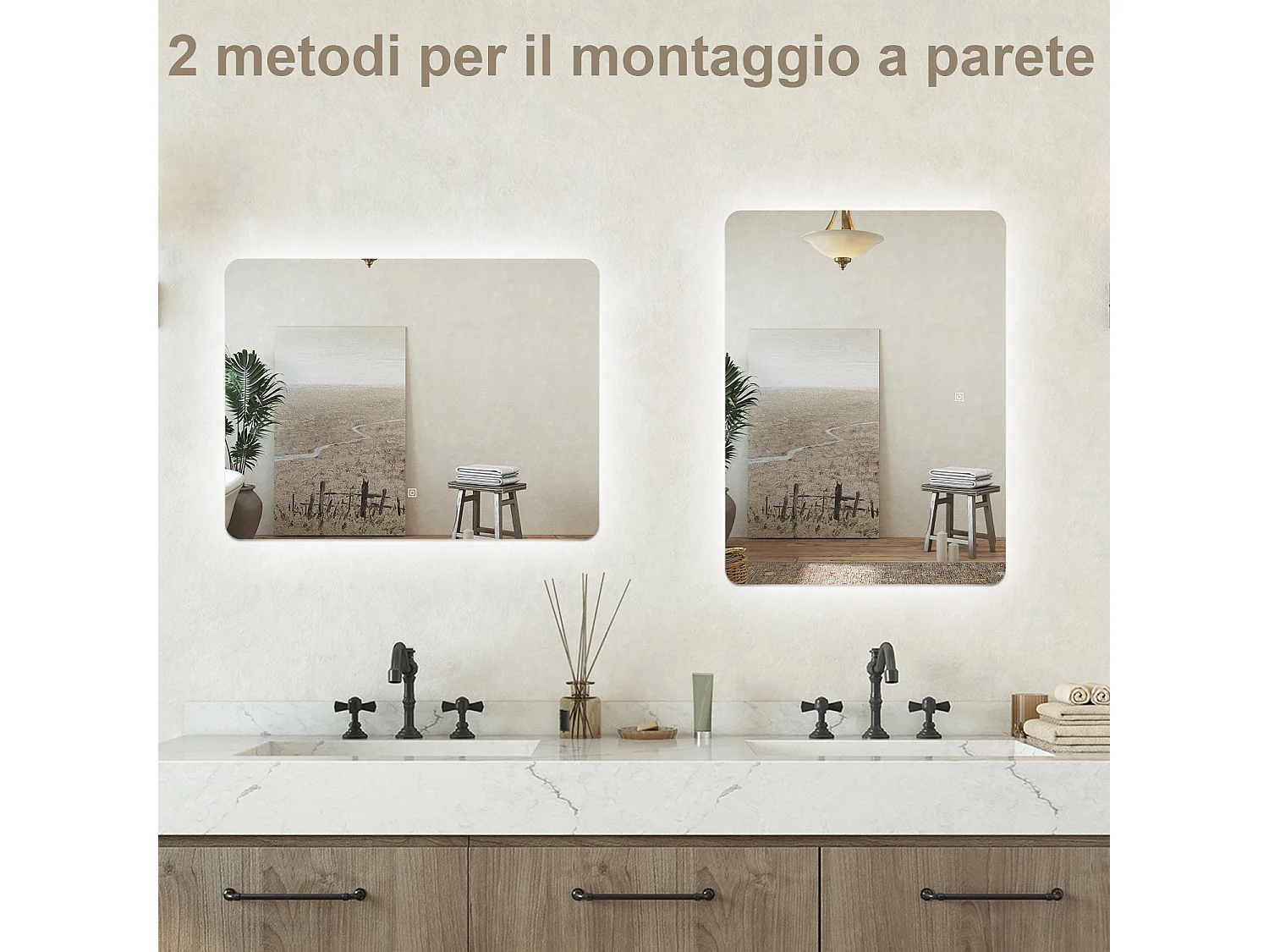 Specchio bagno Rettangolare 100x70cm Retroilluminato Con Led, 3 Luci, Design Moderno