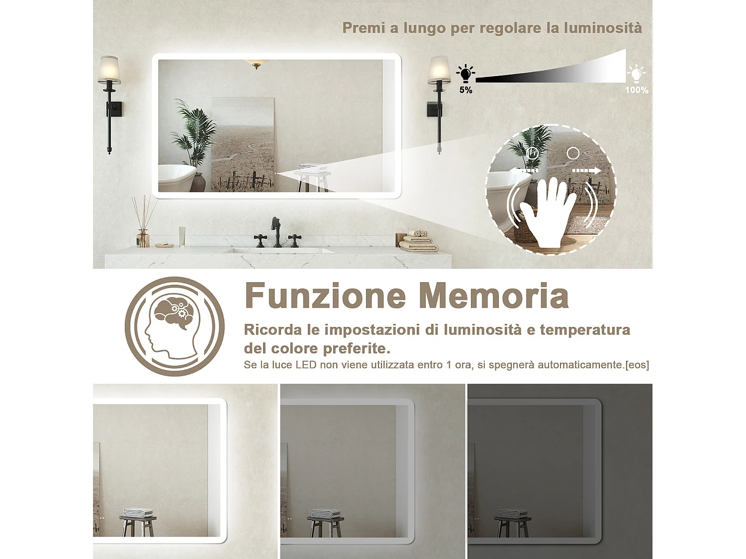 Specchio bagno Rettangolare 160x80cm Retroilluminato Con Led, Antiappannamento + 3 Luci