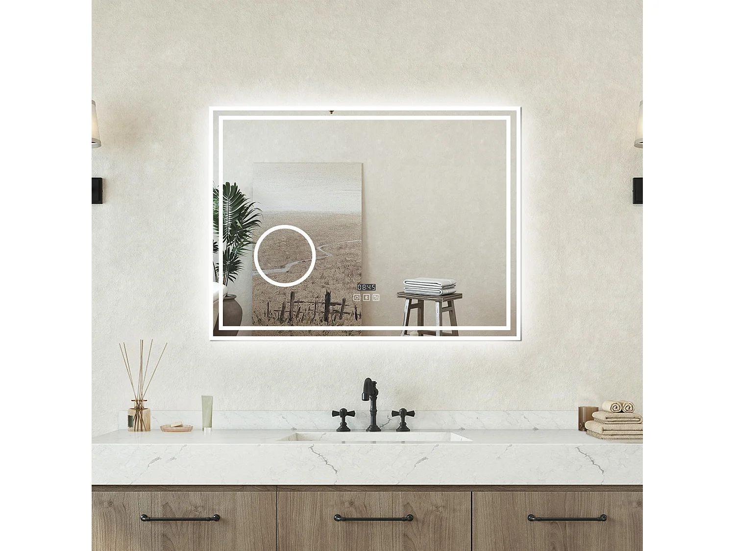 Specchio bagno Rettangolare 80x60cm Led Con 3 Luci + 3X Lente d'ingrandimento + Bluetooth + Orologio + Antiappannamento